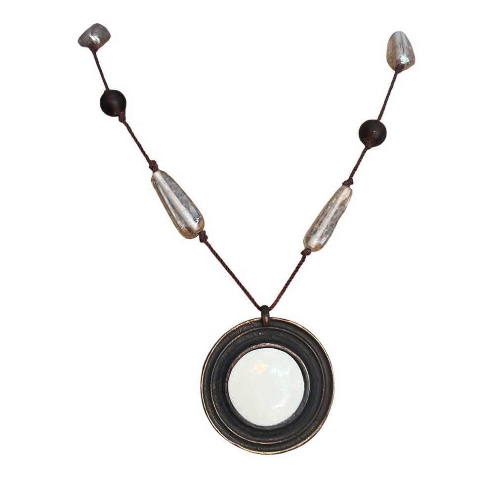 Vintage Express Long Brown Cord Necklace Round Pendant Glass Wood Beads No Clasp